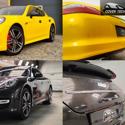 Passage van deze Porsche Panamera in Gloss Yellow-O op de gehele carrosserie, maar ook in Gloss Black op zowel het dak als de spiegels.
