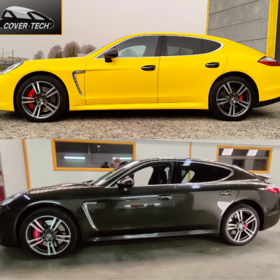 Passage van deze Porsche Panamera in Gloss Yellow-O op de gehele carrosserie, maar ook in Gloss Black op zowel het dak als de spiegels.